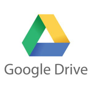 The Google Drive logo. A yellow, blue, and green triangle shaped ribbon. With the text "Google Drive" below it.